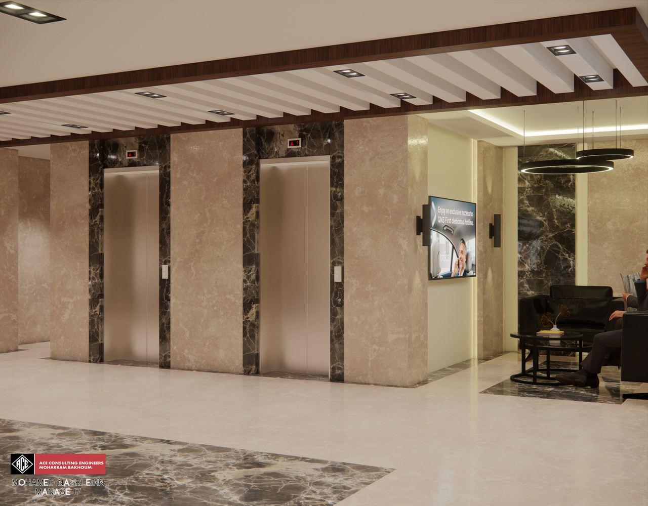 Marble lift lobby with a waiting area