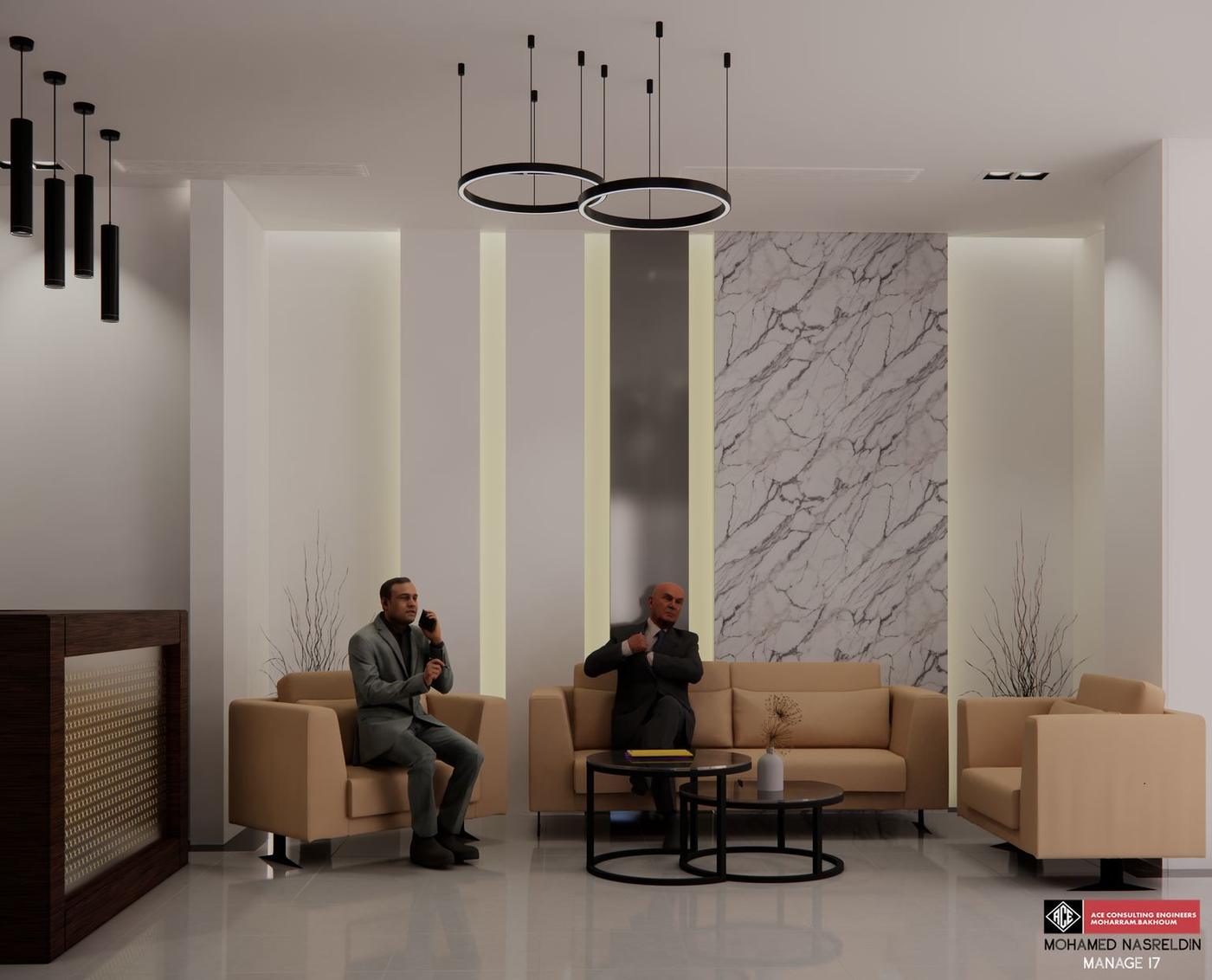 Seating area with ring pendants and a marble feature wall