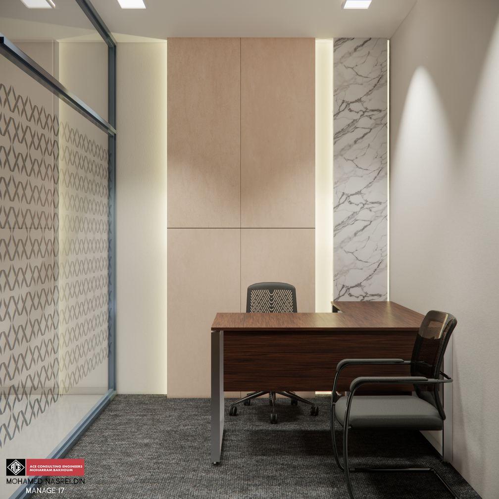 Glass-walled private office with desk