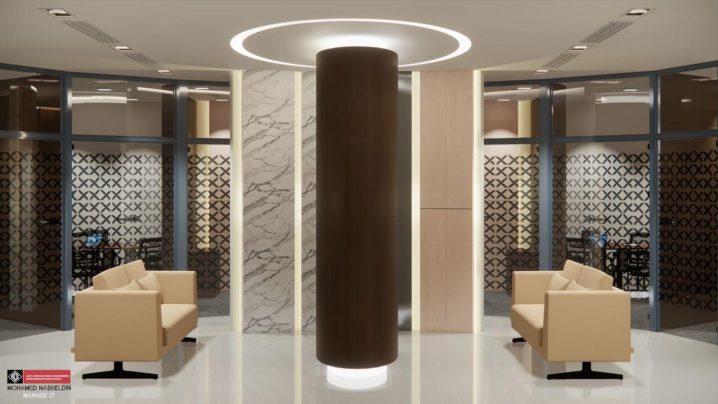 Customer lounge around a timber-clad column with a lit ceiling ring