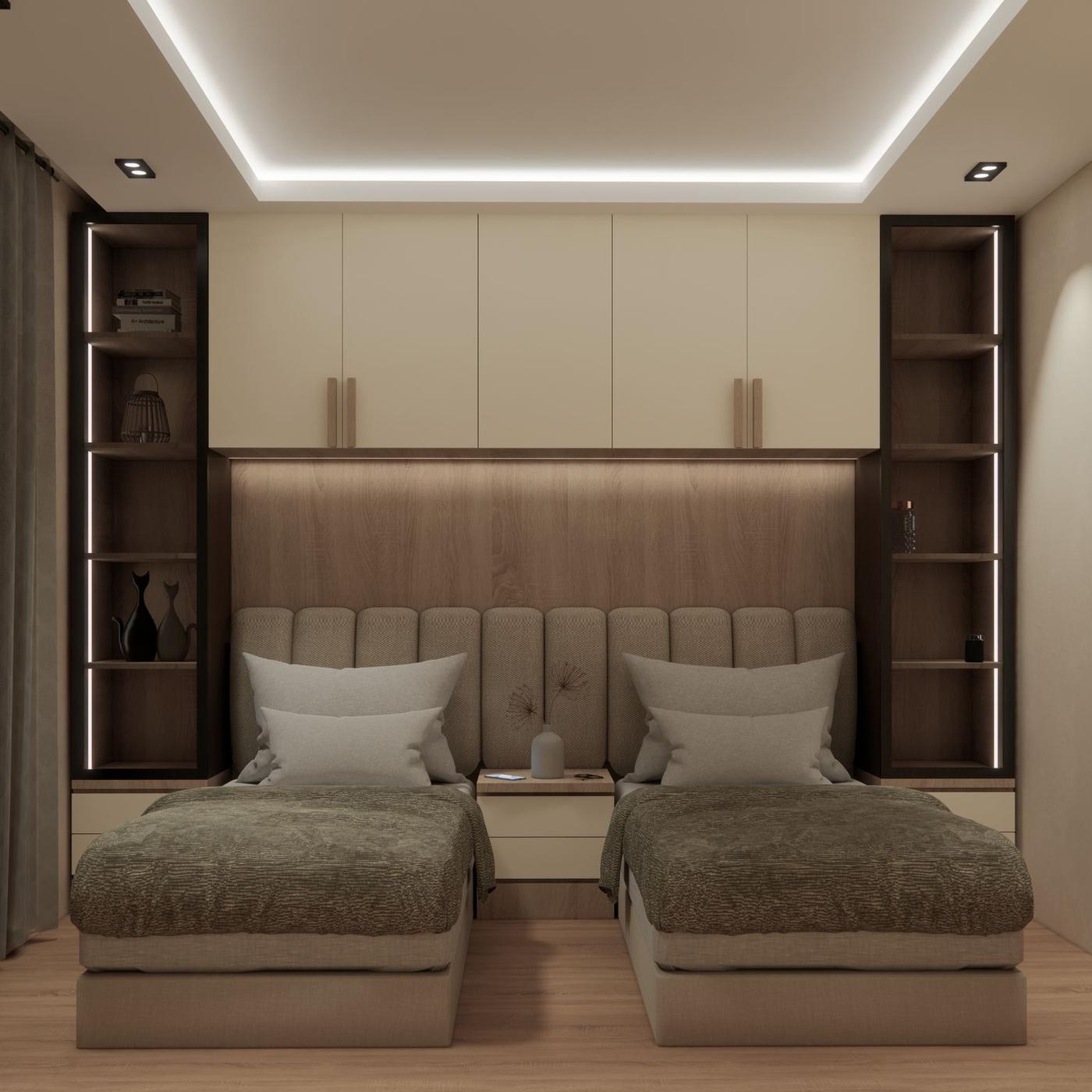 Render of a twin bedroom with upholstered headboard and display shelving