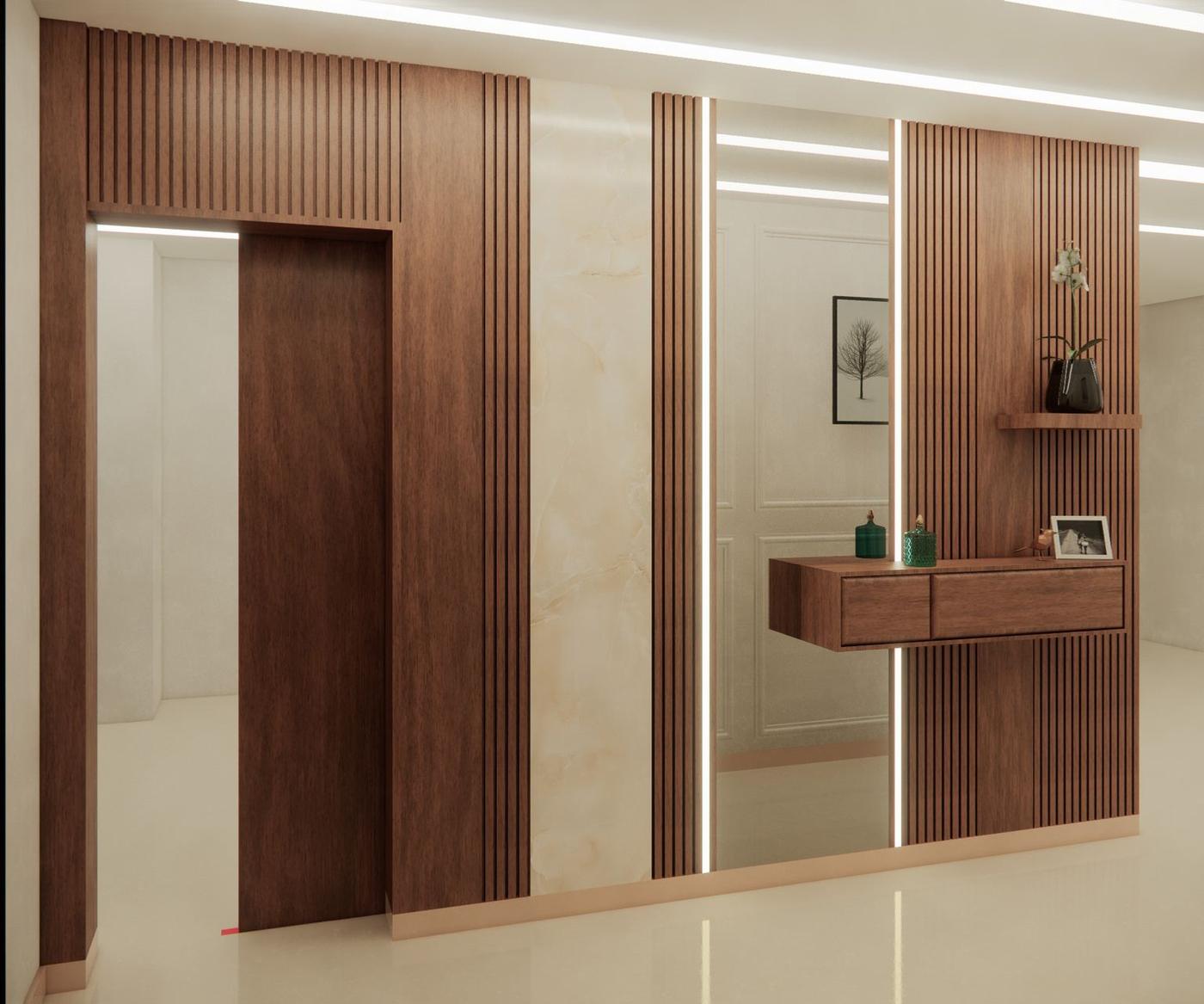 Render of slatted timber panelling with a floating console and mirror