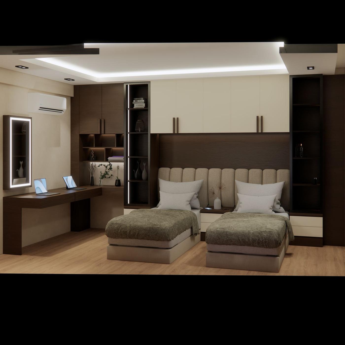 Render of a bedroom with a built-in desk and overhead storage