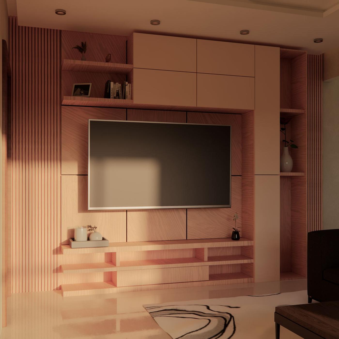 Render of a timber TV wall unit with shelving