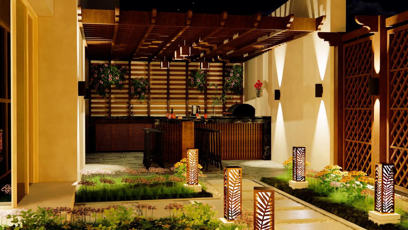 Terrace at dusk with lanterns and lit timber screens