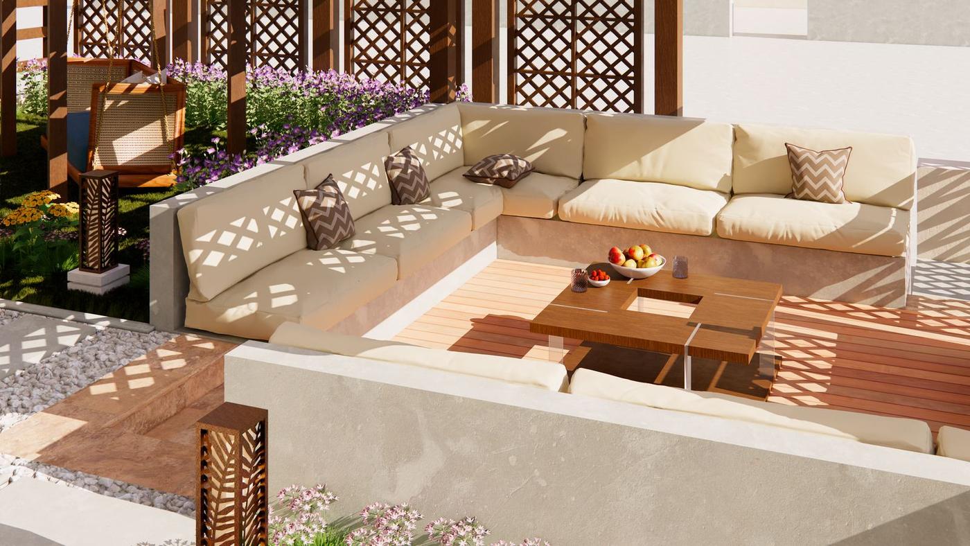 Sunken built-in seating around a low timber table