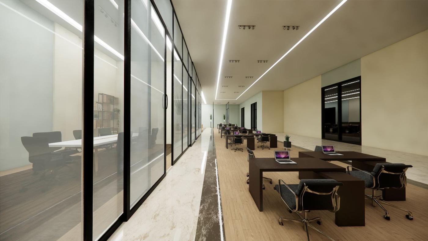 Long corridor along glazed meeting rooms
