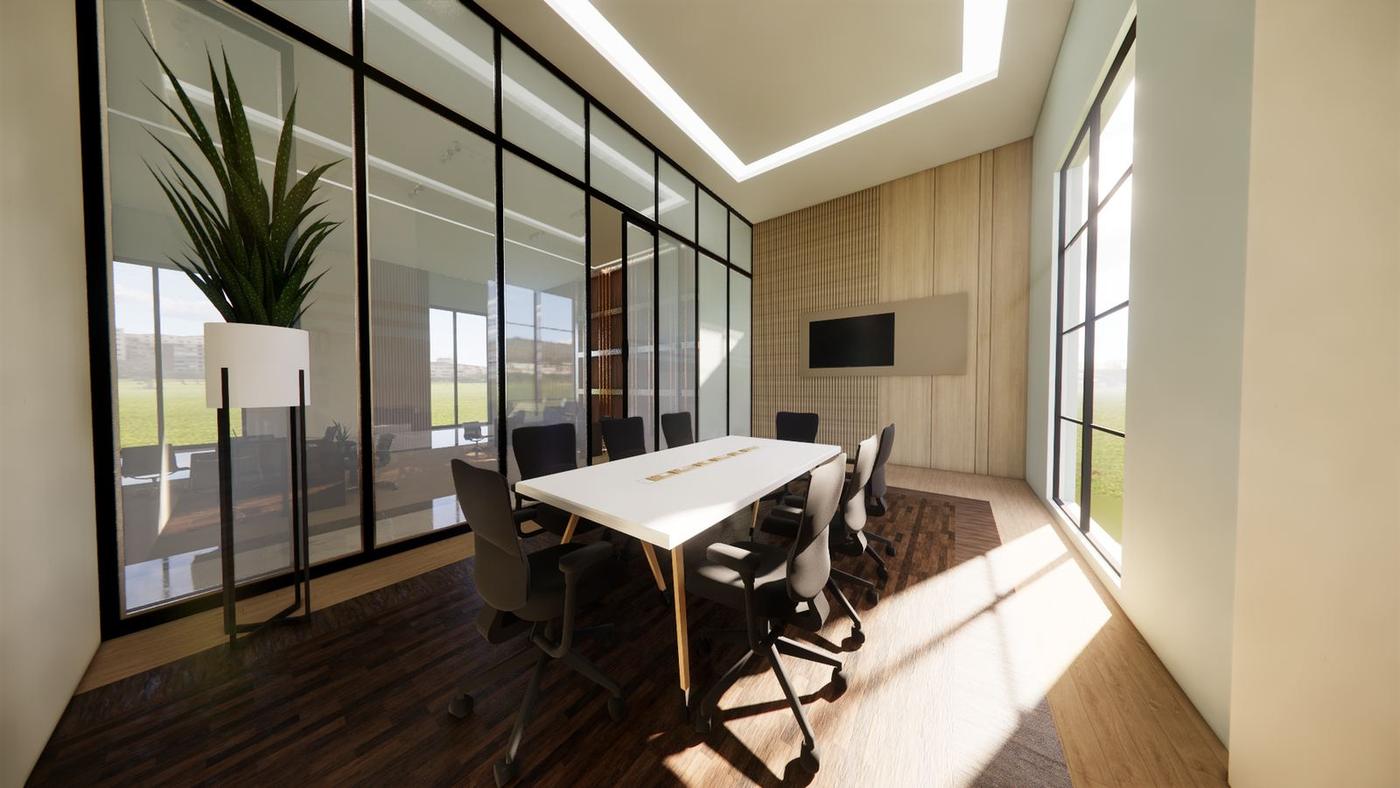 Glass-walled meeting room in sunlight