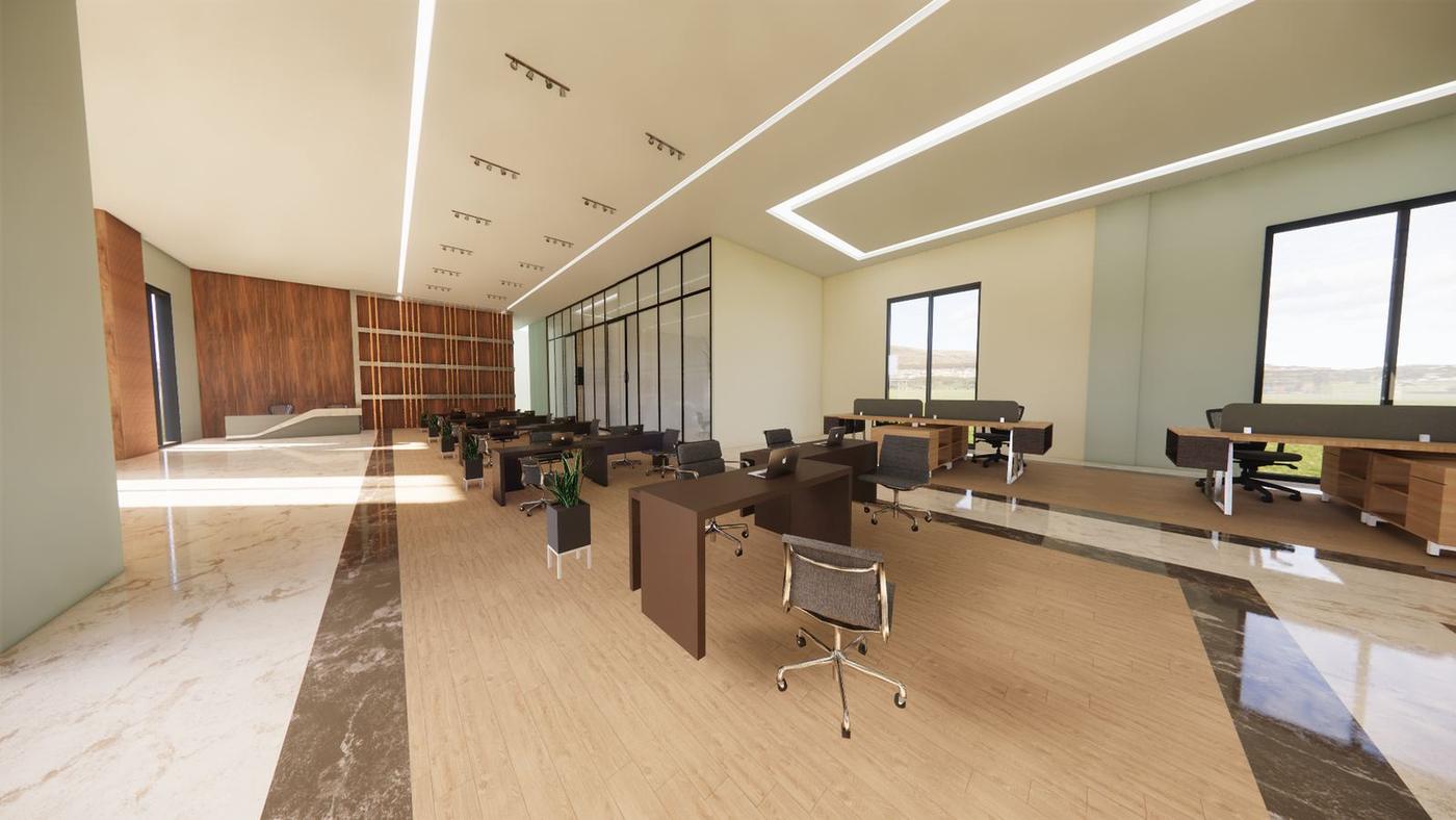 Open-plan office with linear ceiling lights