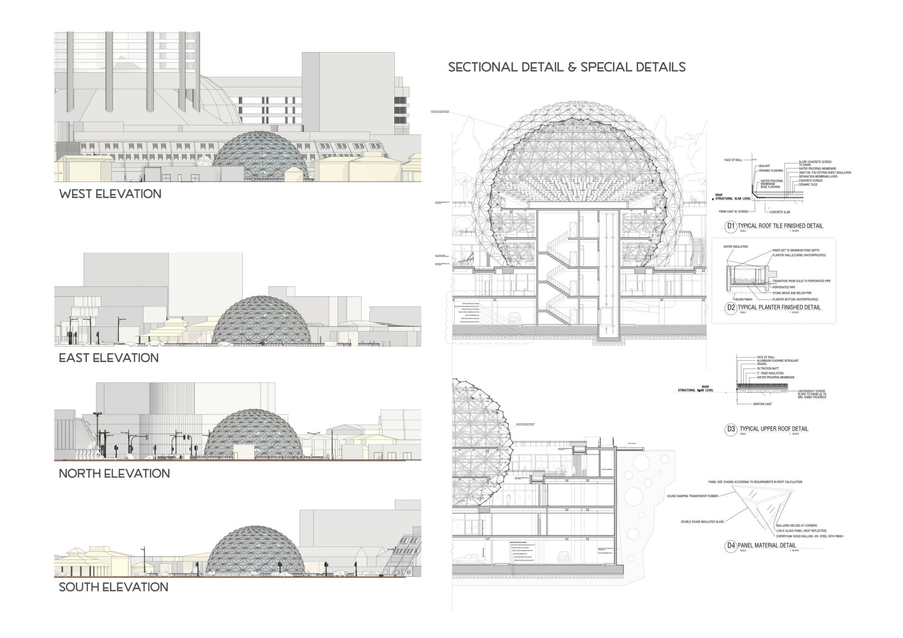 Drawing sheet with four elevations and sectional details of the dome