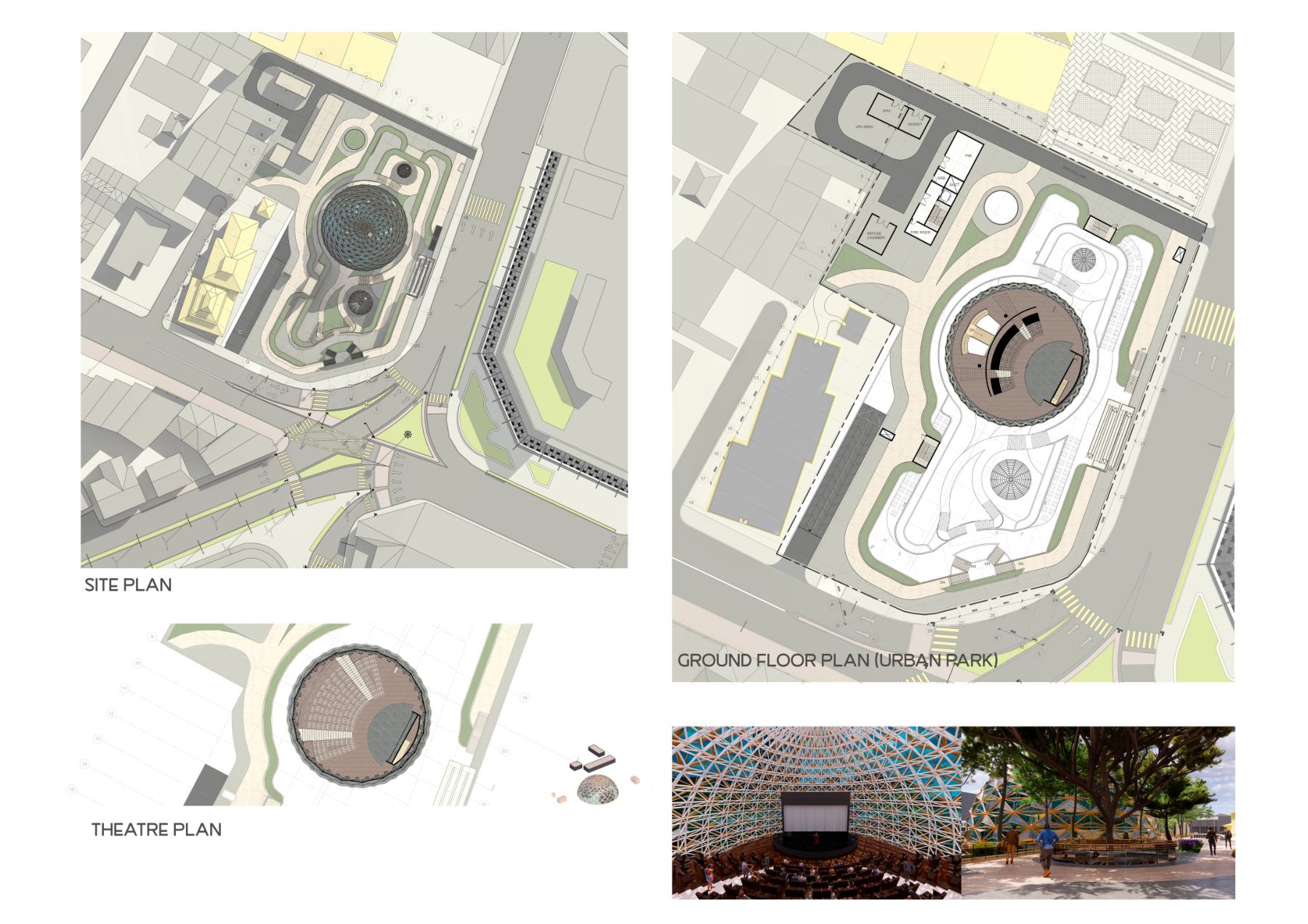 Drawing sheet with site plan, ground floor plan and theatre plan