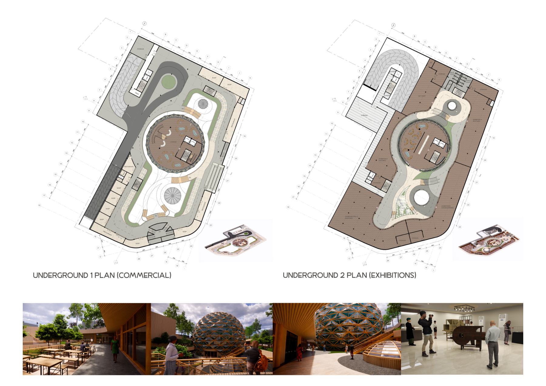 Drawing sheet with underground level 1 commercial and level 2 exhibitions plans