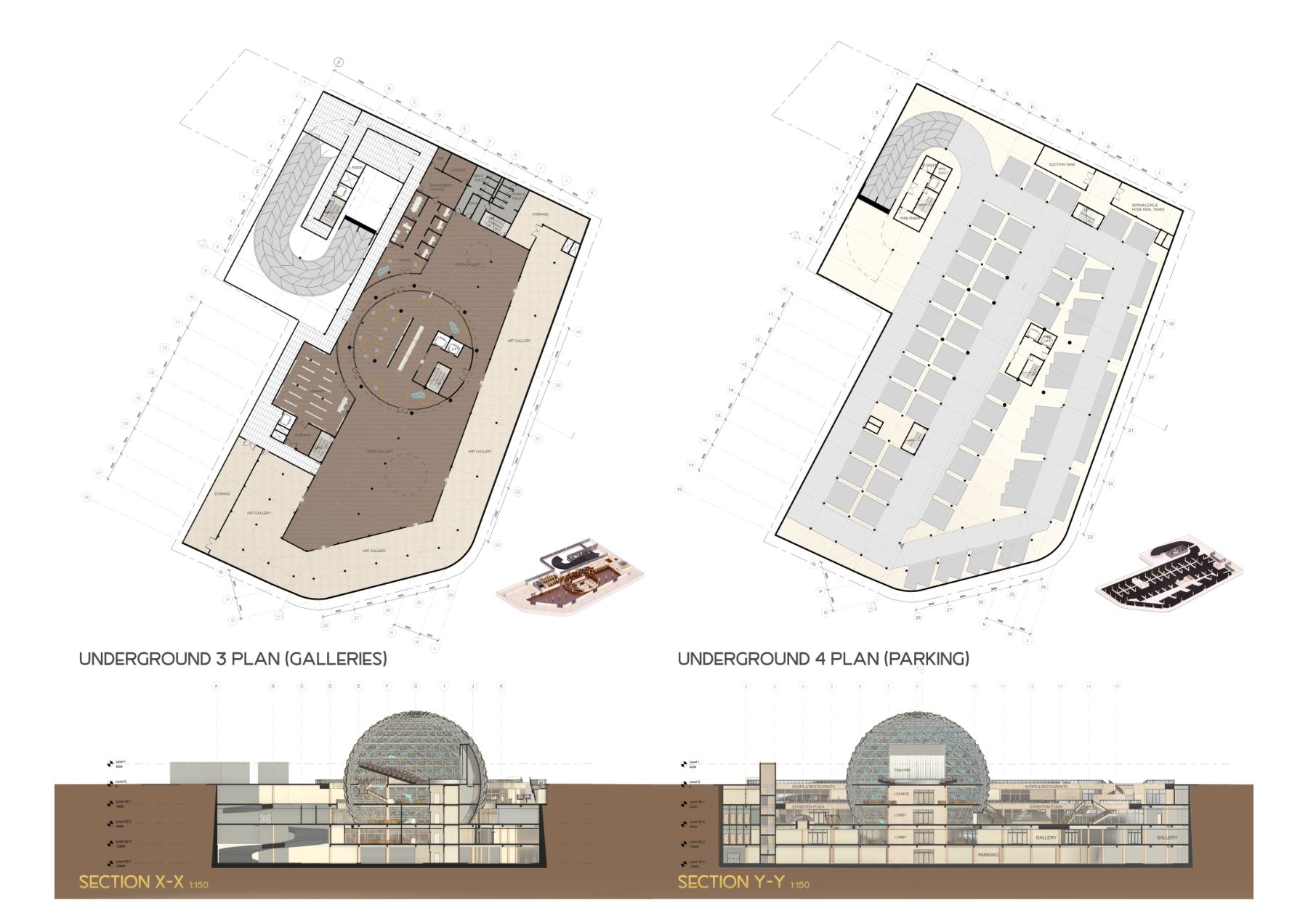 Drawing sheet with underground level 3 galleries and level 4 parking plans and two sections