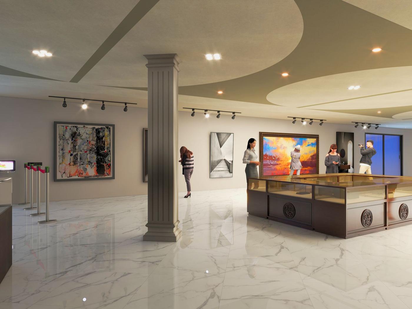 Interior gallery with paintings and a display case