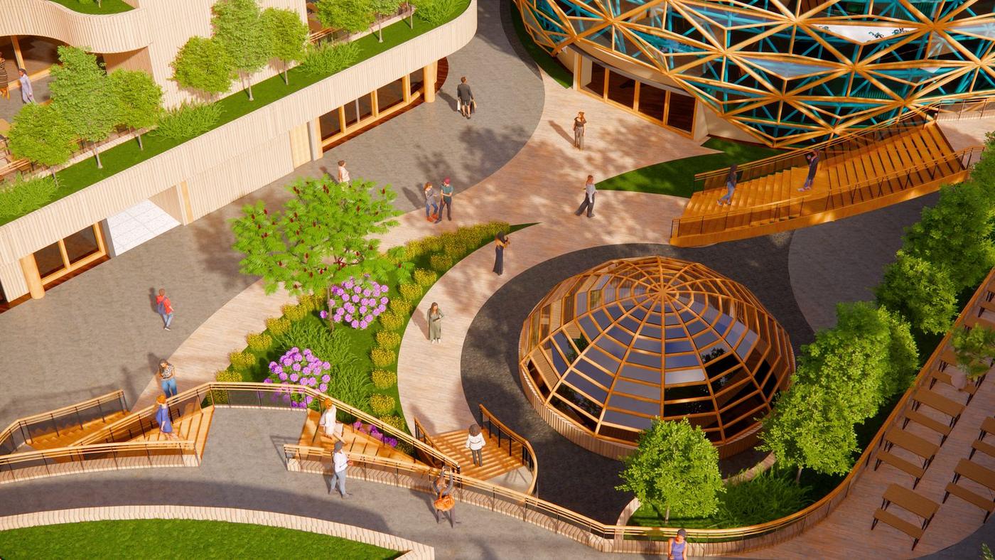 Elevated view of the landscaped park with a small timber pavilion