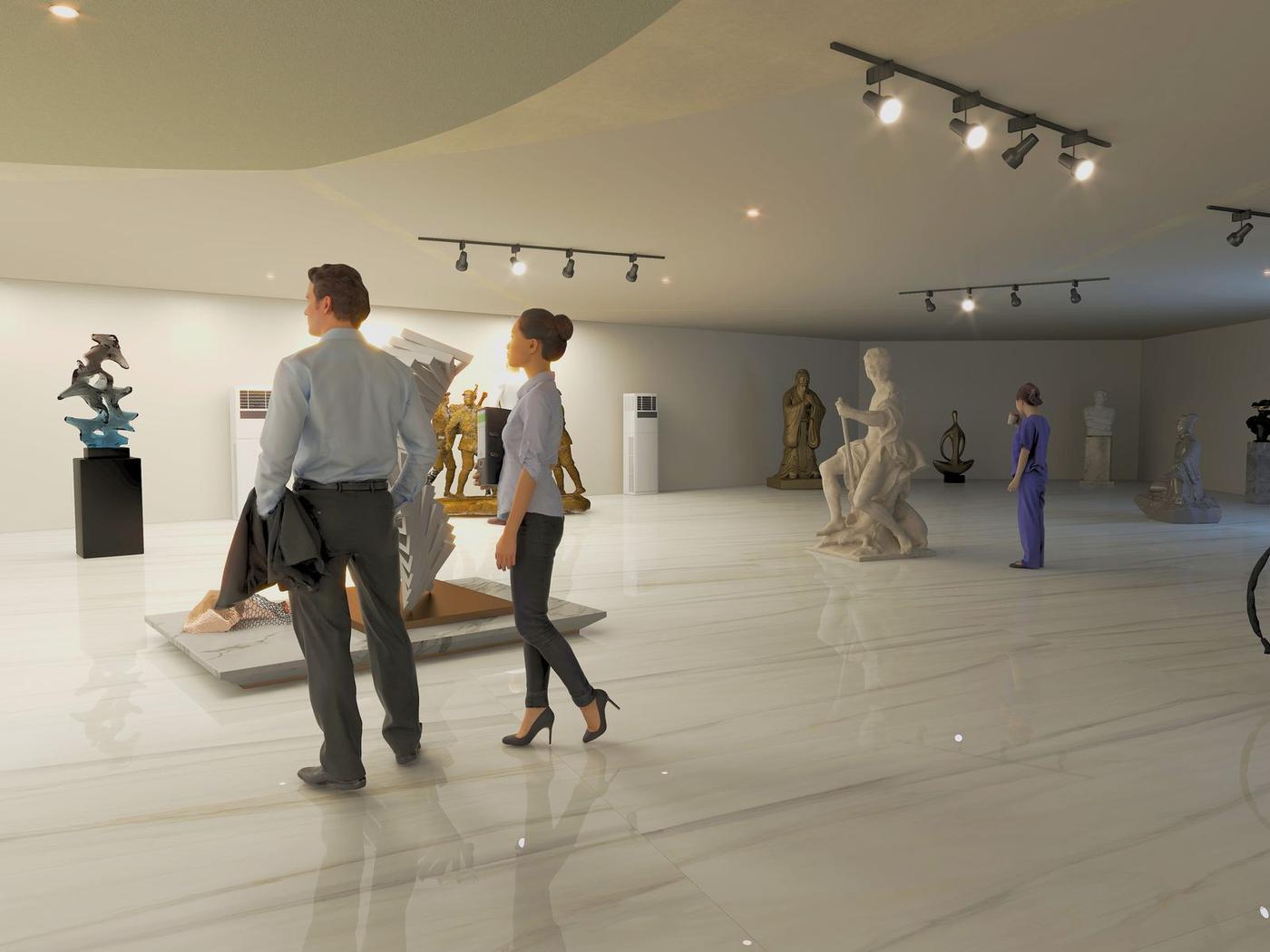 Visitors in a sculpture gallery