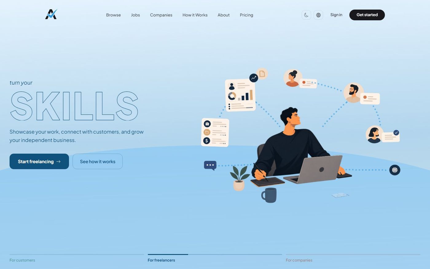 Anjezne home page hero with an illustrated freelancer at a laptop