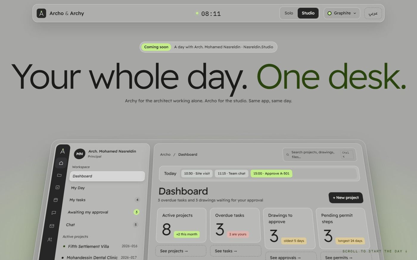 Archo landing page: 'Your whole day. One desk.' above the app dashboard